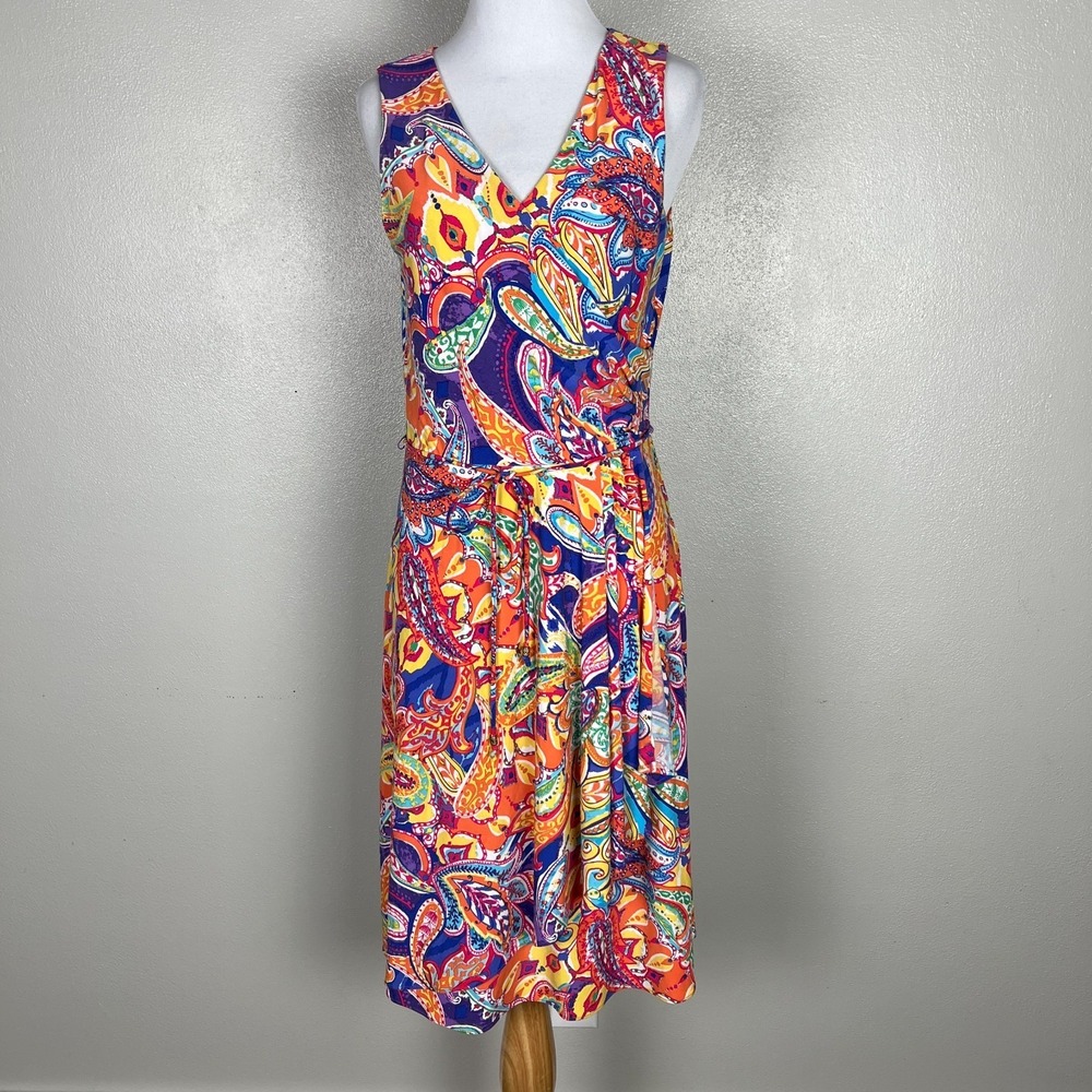 Lauren Ralph Lauren Dress Womens Small Colorful Paisley Faux Wrap A-Line Jersey